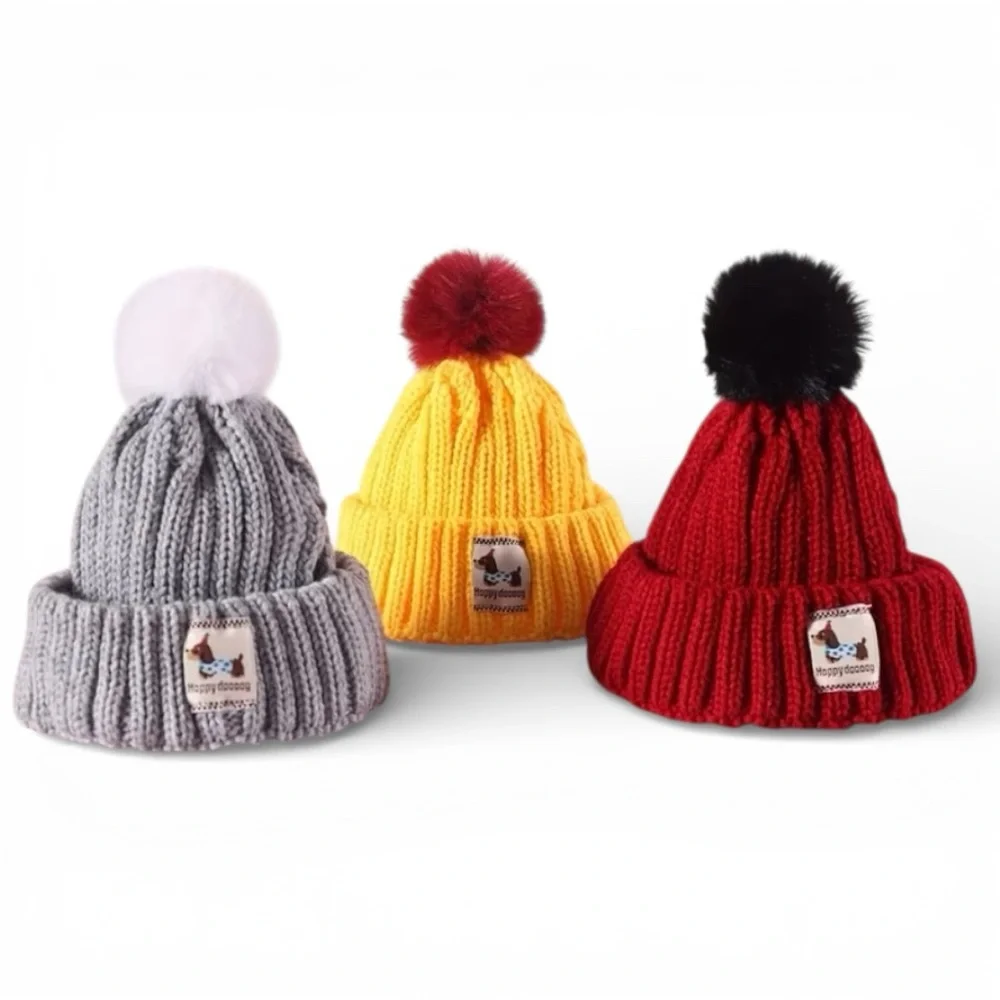 HAPPY DOOOOOG Soft Knit Dog Hat w/Pom Trim, Ear Holes + Chin Strap in Grey - NWT - Picture 7 of 13
